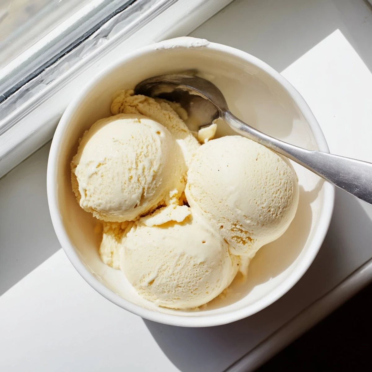 Homemade Creamy Treat Ice Cream in a chilled bowl, topped with fresh berries and a drizzle of warm caramel sauce.