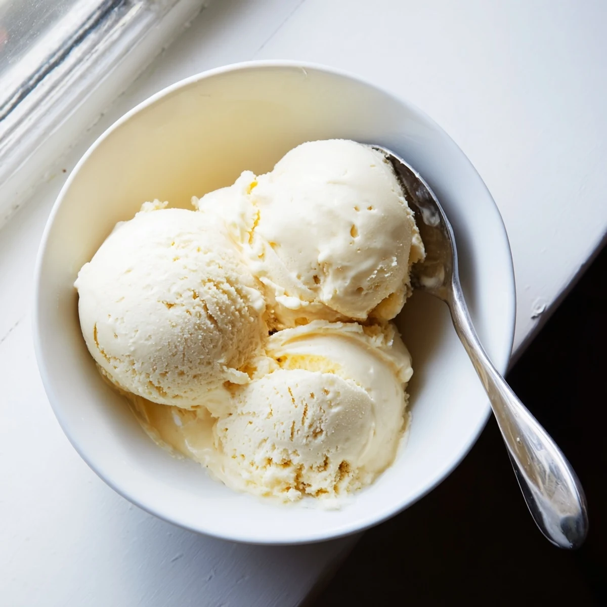 A close-up of Creamy Treat Ice Cream melting slightly on a spoon, revealing smooth vanilla custard with a rich finish.