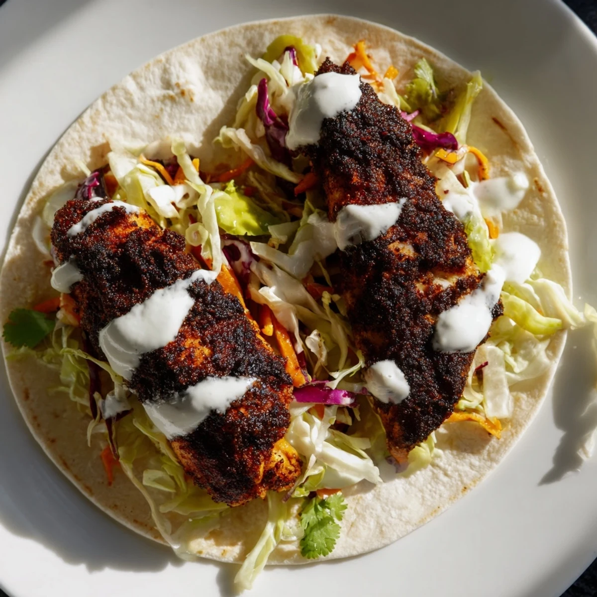 Flaky blackened fish tacos garnished with cilantro and served with lime wedges.
