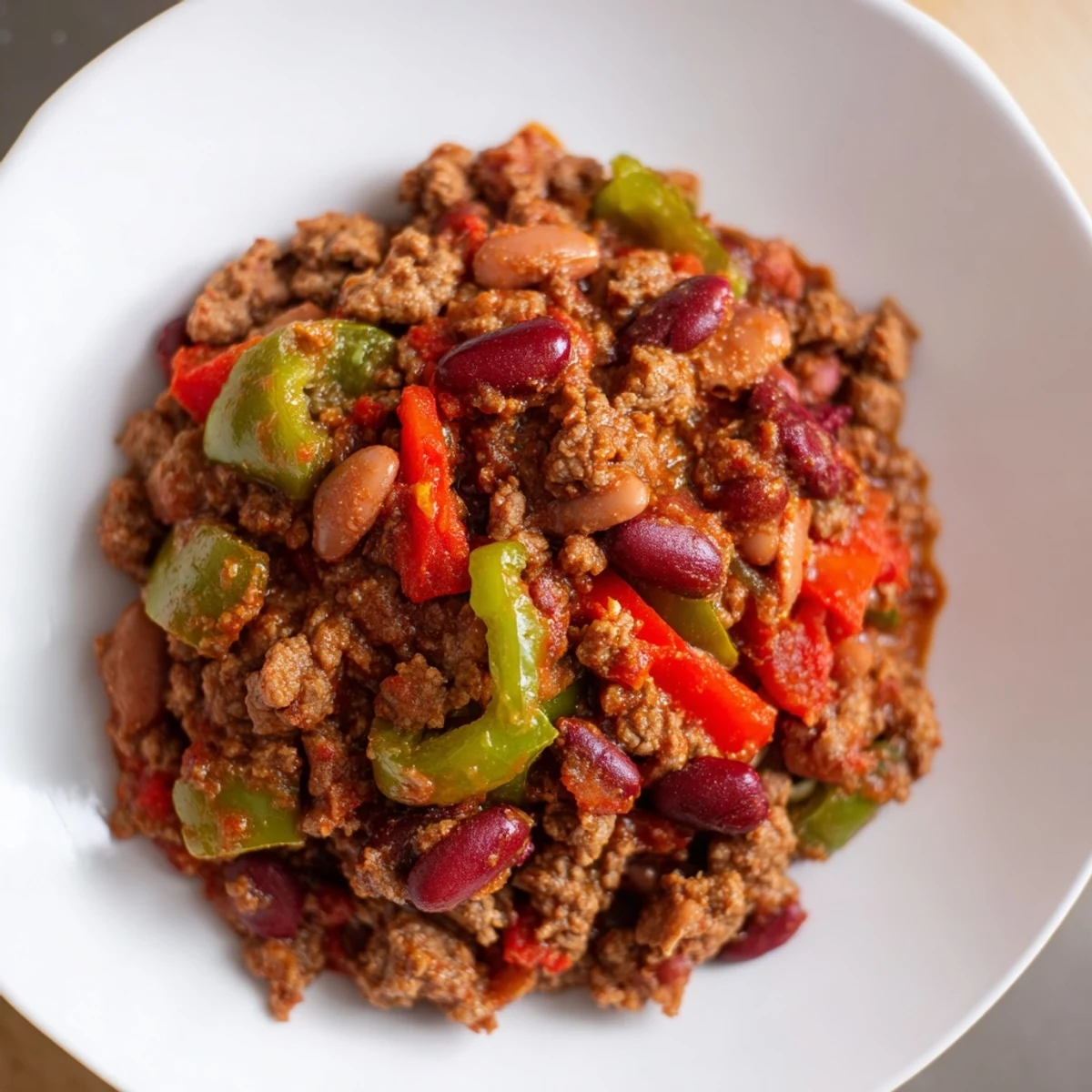 A steaming bowl of Championship Spicy Beef Chili, packed with tender beef cubes, hearty beans, and diced peppers, garnished with fresh cilantro.