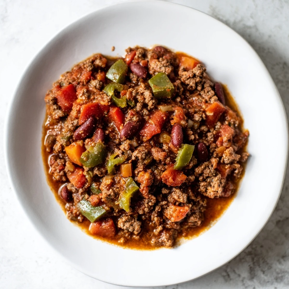 Close-up of Championship Spicy Beef Chili in a rustic pot, showcasing rich, thick texture with chunks of beef, kidney beans, and a sprinkle of spices.