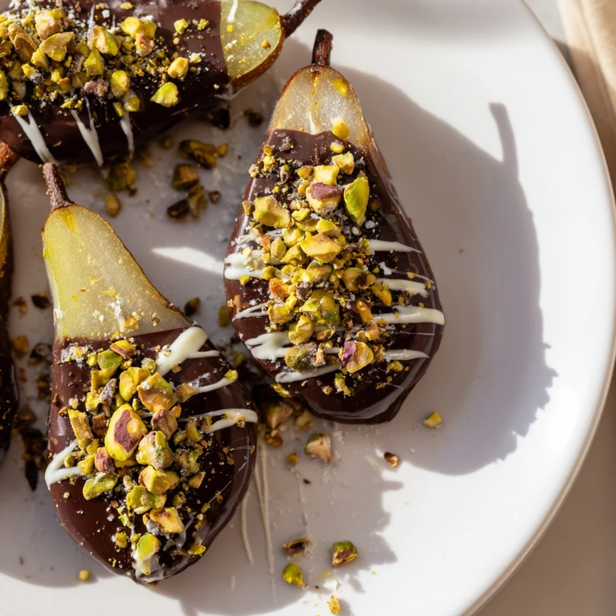 Elegant Romantic Chocolate Covered Pears with dark chocolate, sea salt, and pistachios on a white plate.