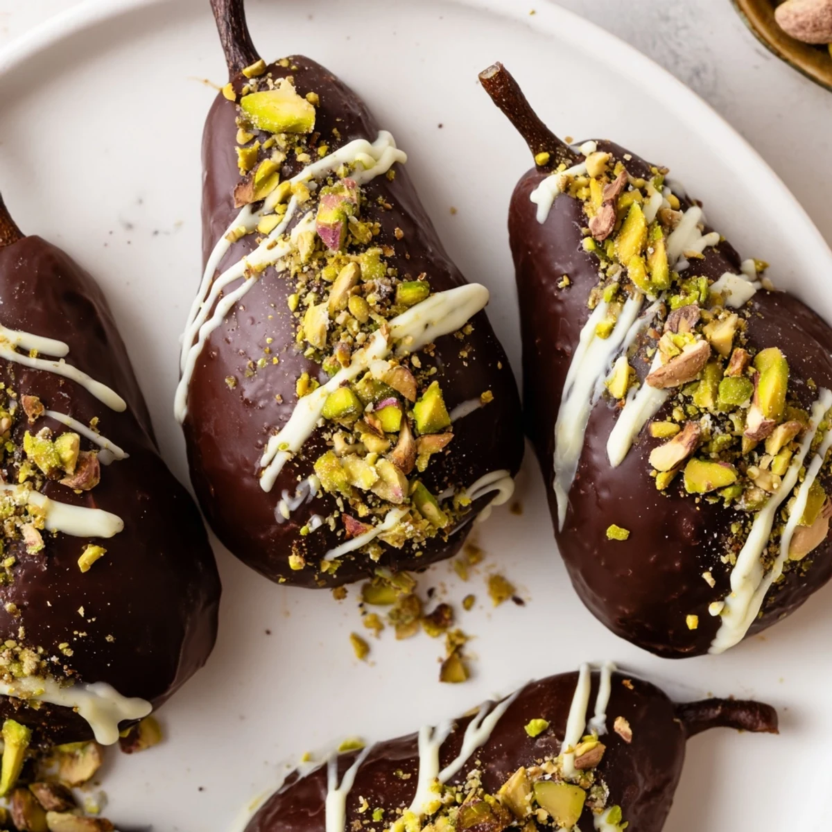 Rich Romantic Chocolate Covered Pears dipped in dark chocolate and drizzled with white chocolate for a sweet finish.