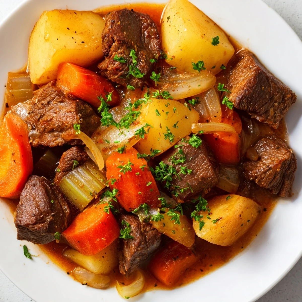 A hearty bowl of St. Patrick’s Day Halal Irish Stew, brimming with tender lamb, potatoes, and carrots in a rich, aromatic broth.  