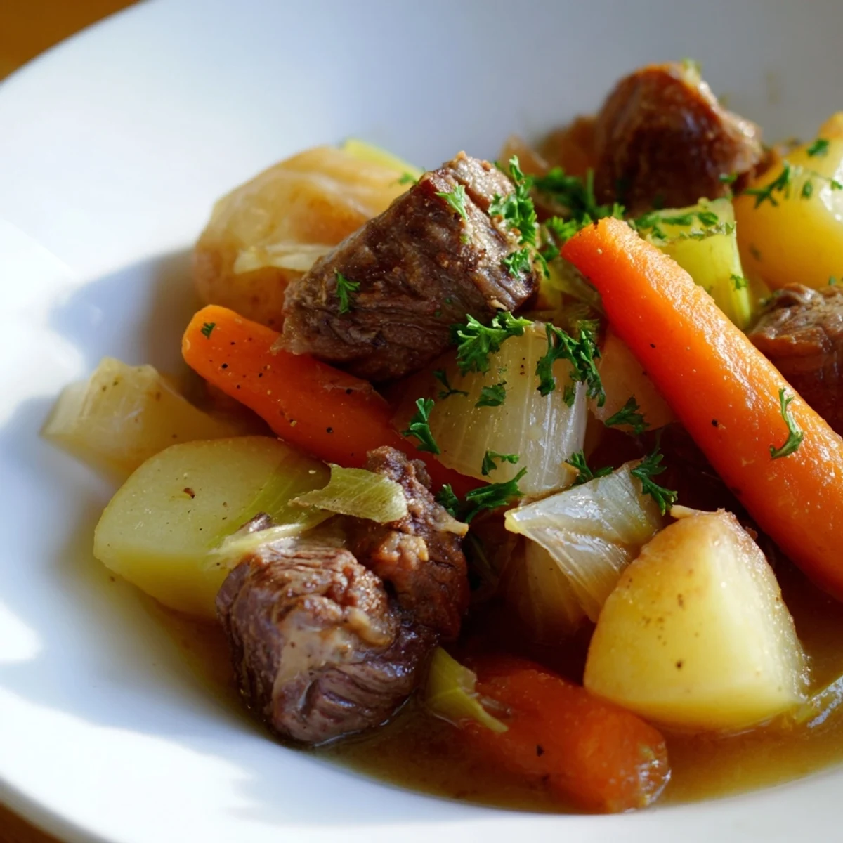Fragrant steam rises from this comforting St. Patrick’s Day Halal Irish Stew, featuring root vegetables and fresh parsley garnish.  