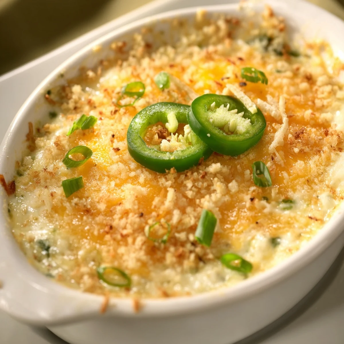 A warm, bubbling Super Bowl Jalapeno Popper Dip with a golden panko topping, served with tortilla chips for game day.