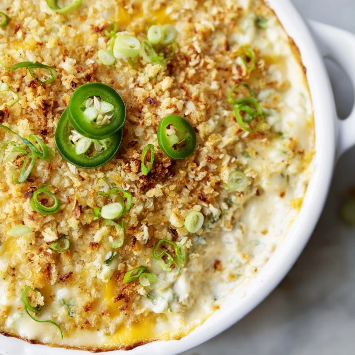 The baked Super Bowl Jalapeno Popper Dip features creamy cheese, diced jalapeños, and a crisp Parmesan-panko crust.