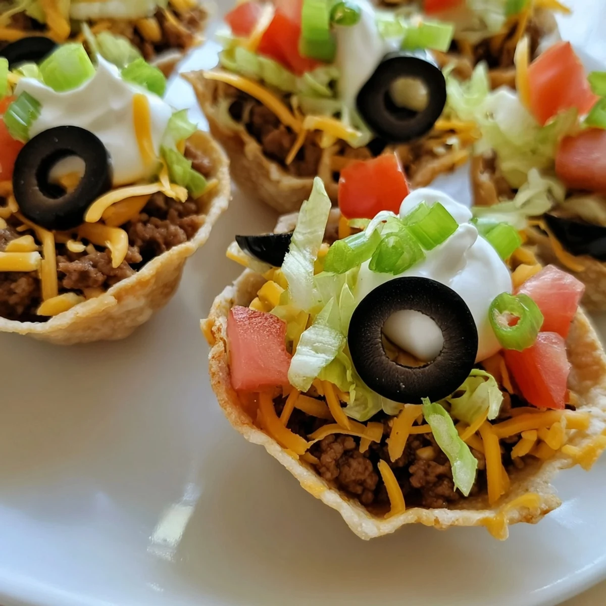 Golden-brown Touchdown Taco Cups with beef, melty cheese, and fresh toppings, served warm on a platter.