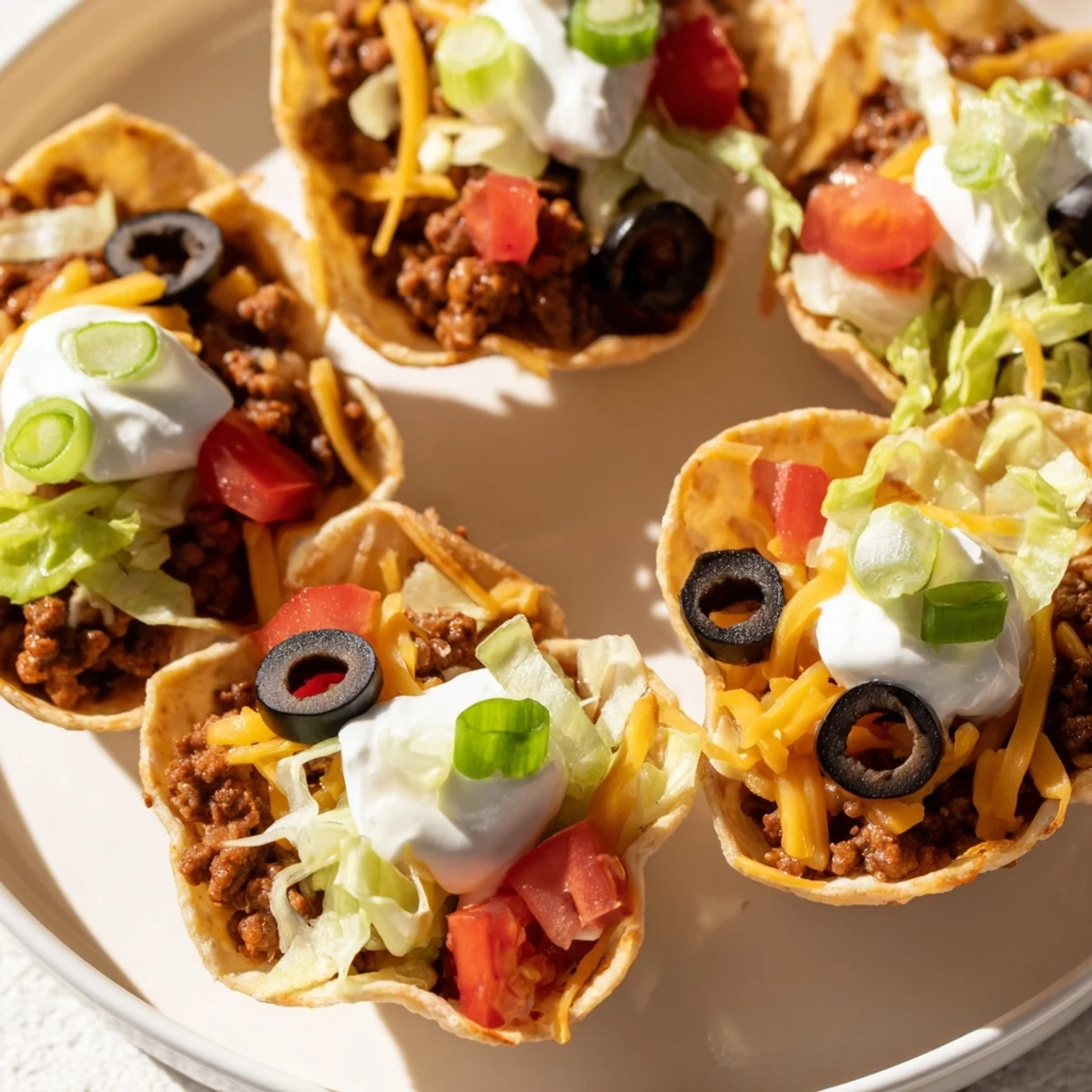 Freshly baked Touchdown Taco Cups filled with seasoned beef and cheese, topped with lettuce and tomatoes.