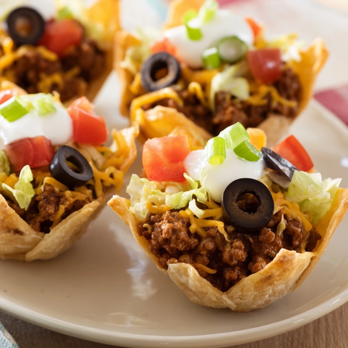 Golden Touchdown Taco Cups with beef, cheese, and creamy sour cream, perfect for game day snacking.