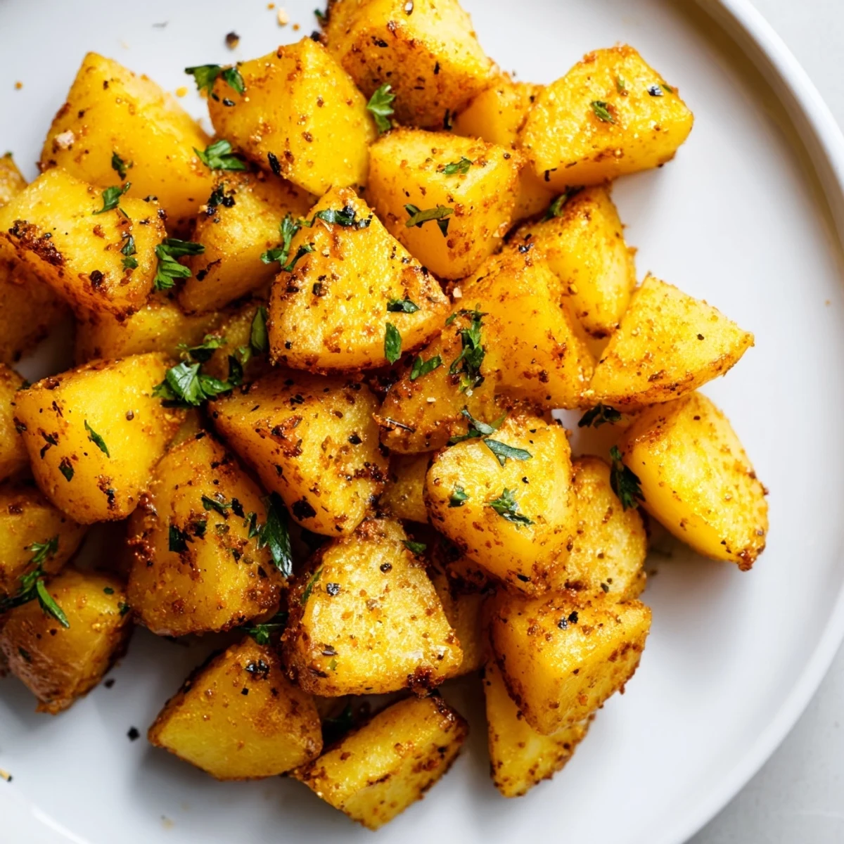 Golden, crispy Cajun Spiced Roasted Potatoes glisten with paprika and fresh parsley on a baking sheet.  