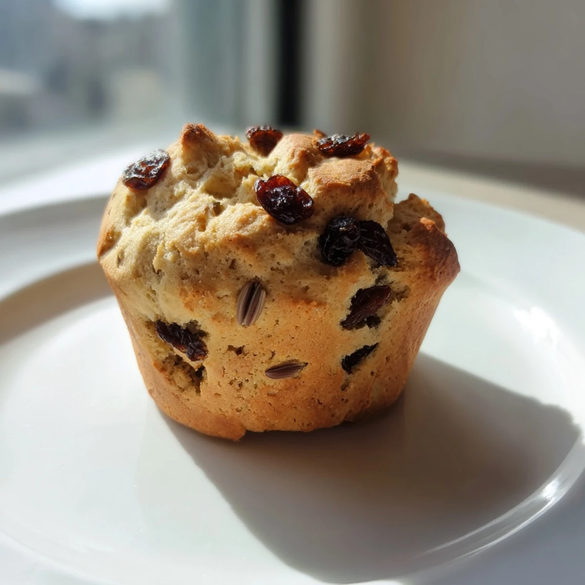 Golden-brown Irish Soda Bread Muffins studded with plump raisins and caraway seeds, fresh from the oven.
