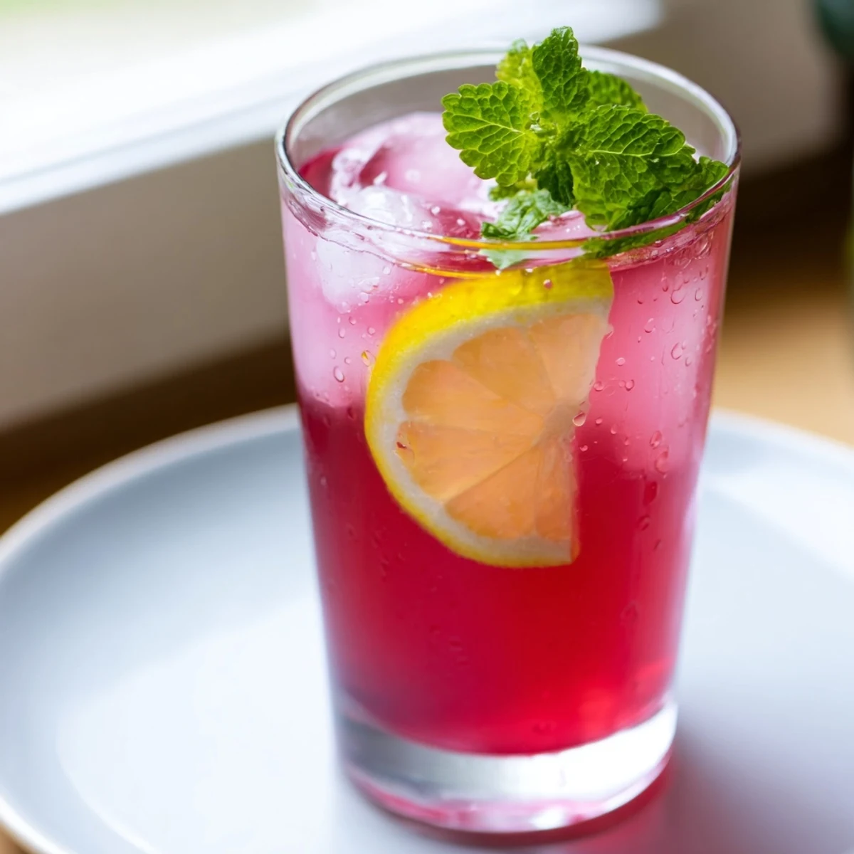 Glossy glasses of Pink Hibiscus Iced Tea filled with ice, lemon slices, and fresh mint sprigs on a sunny patio table.