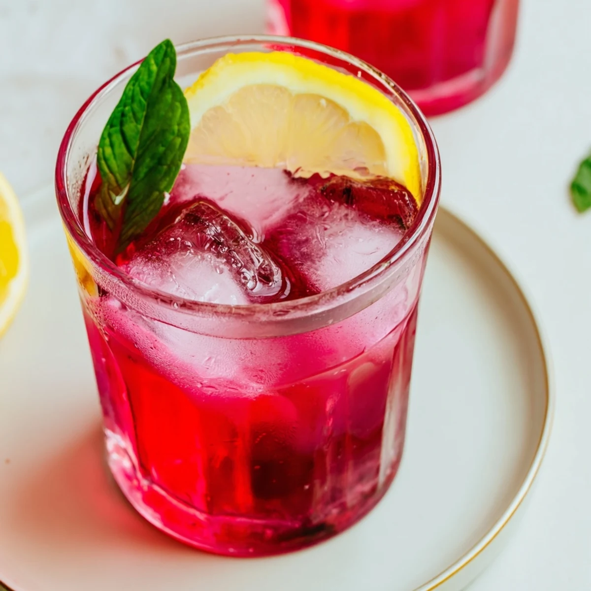 A refreshing pitcher of Pink Hibiscus Iced Tea, glistening with condensation, ready to serve at a summer garden party.