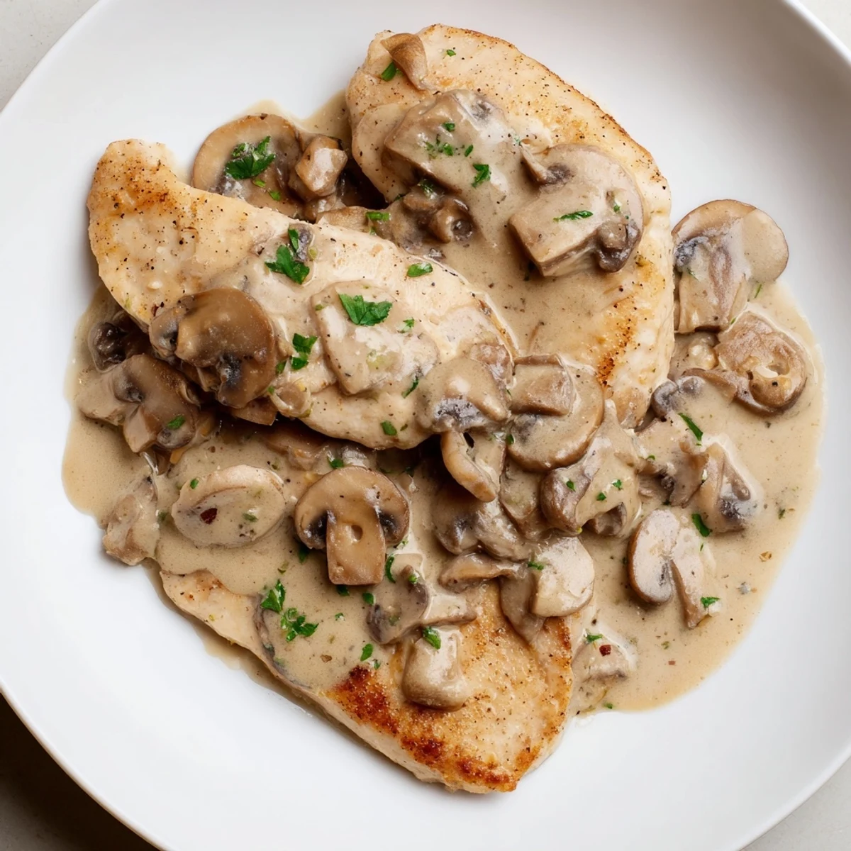 Tender chicken breasts coated in flour, golden-brown and served in a creamy Date Night Chicken Marsala with sautéed mushrooms and fresh parsley.