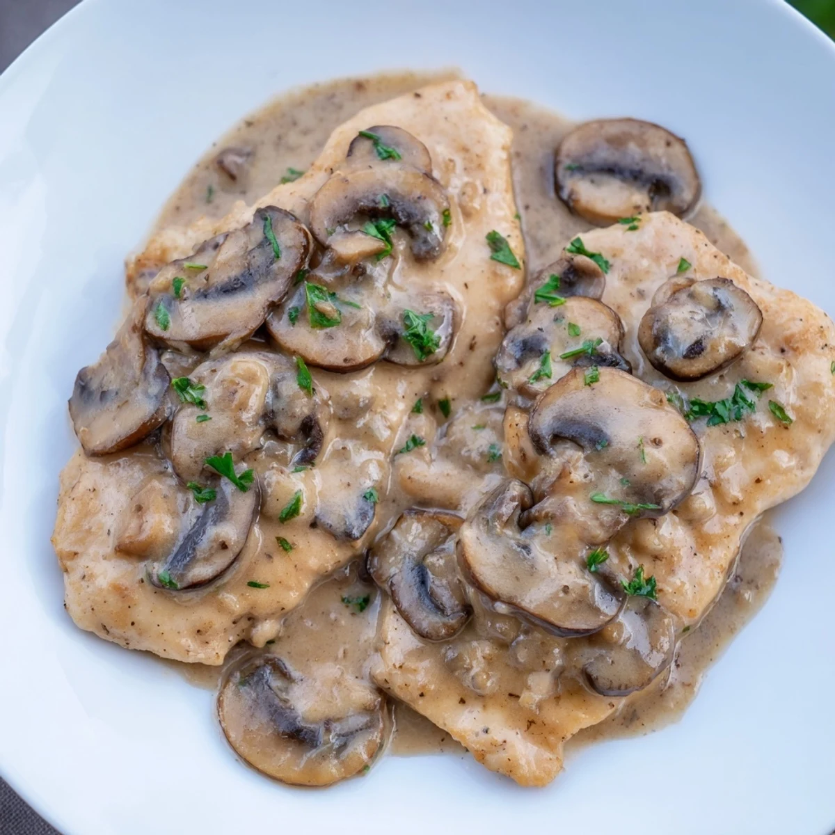 Date Night Chicken Marsala features savory mushroom sauce made with chicken broth, balsamic vinegar, and cream, served over pasta for a cozy dinner.