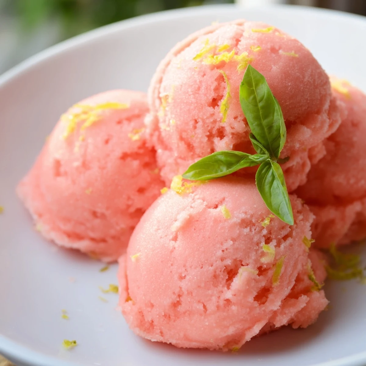 Vibrant pink grapefruit sorbet with basil scoops, glistening with condensation in a chilled glass bowl.