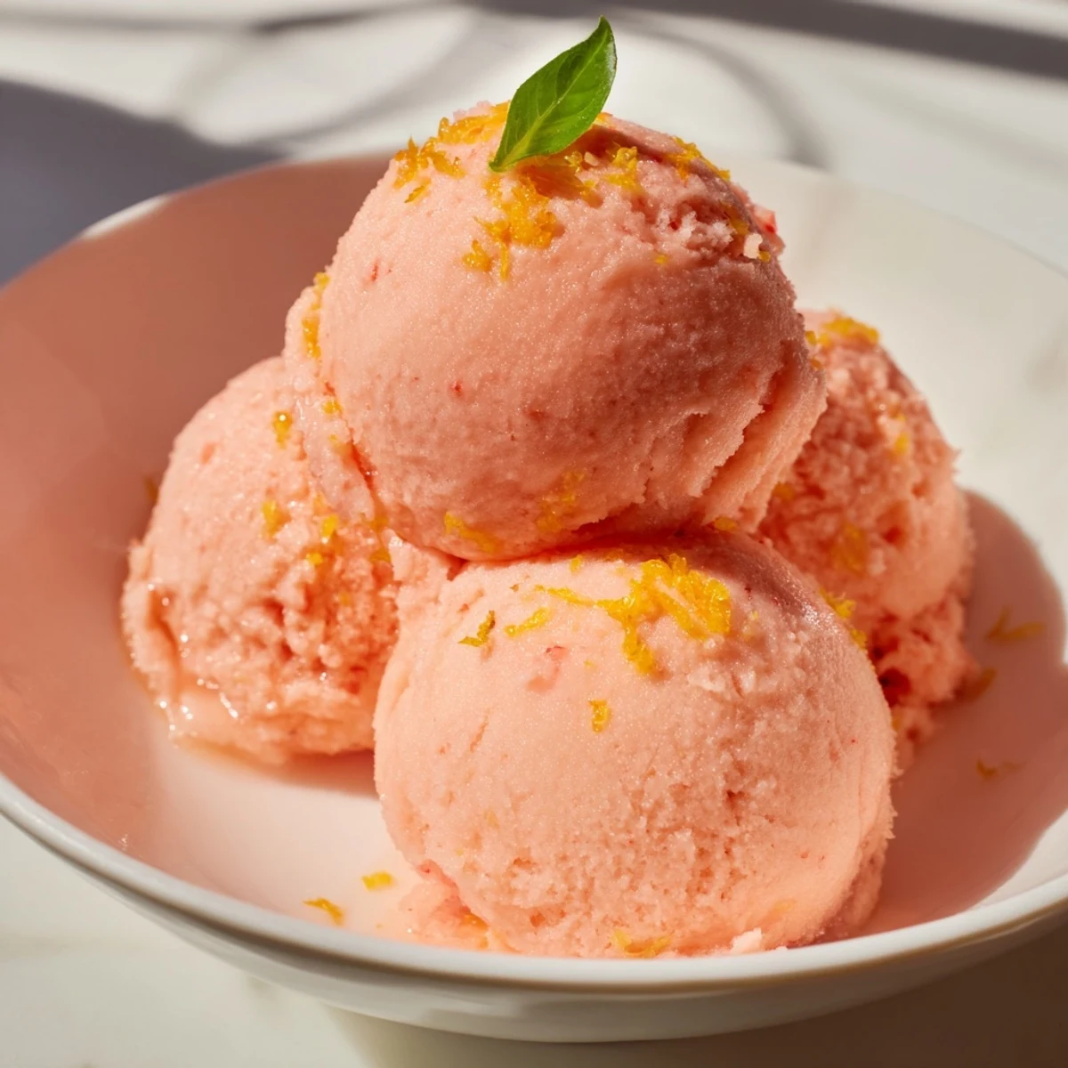 Scoops of tangy pink grapefruit sorbet topped with fresh basil leaves, served in dessert glasses.