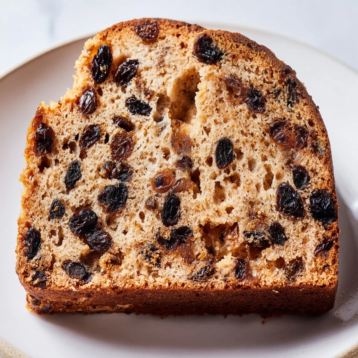 A slice of Irish Tea Cake reveals moist crumb with specks of spice, served with butter on the side.