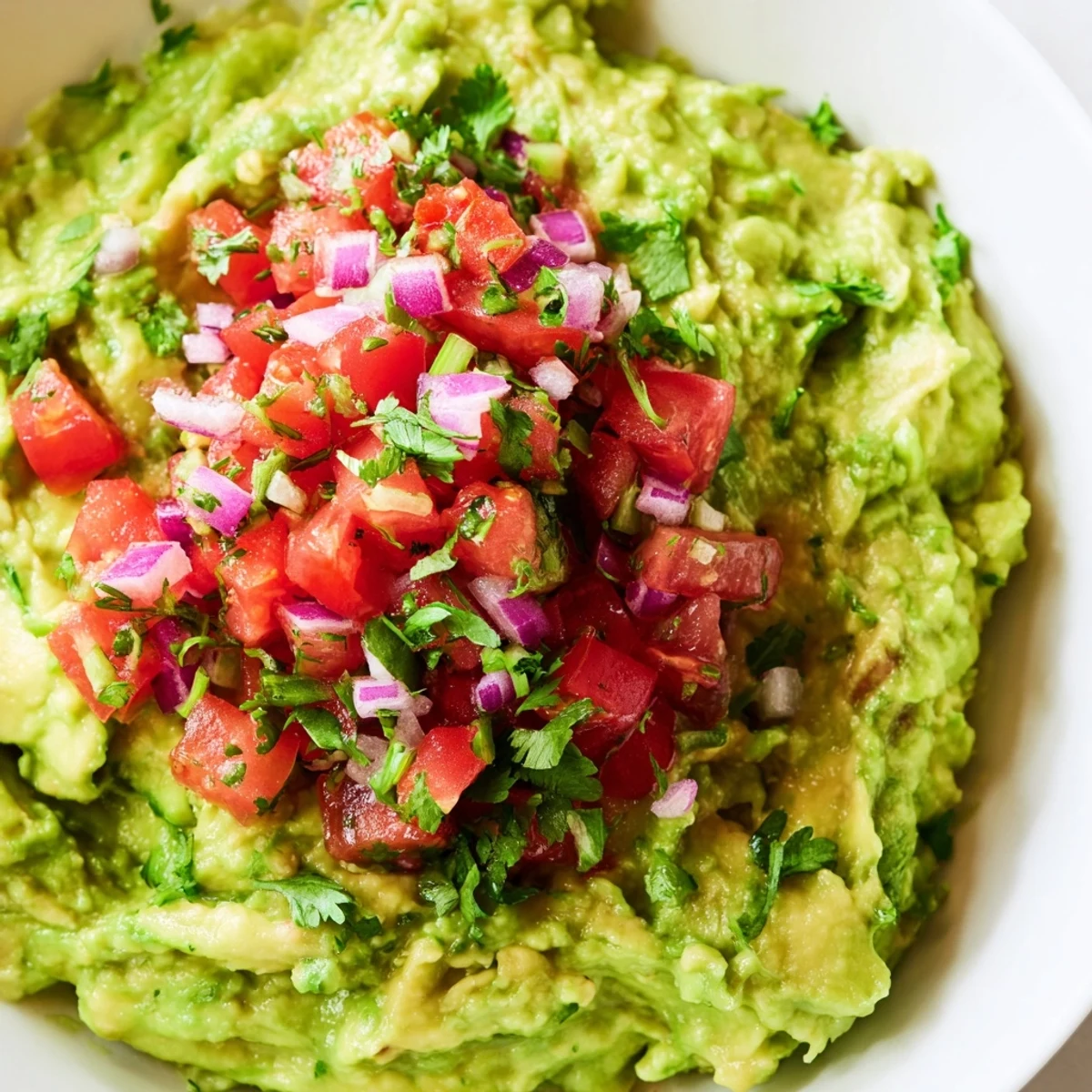 Creamy Super Bowl Guacamole with Pico de Gallo served with crispy tortilla chips, perfect for a party appetizer platter.