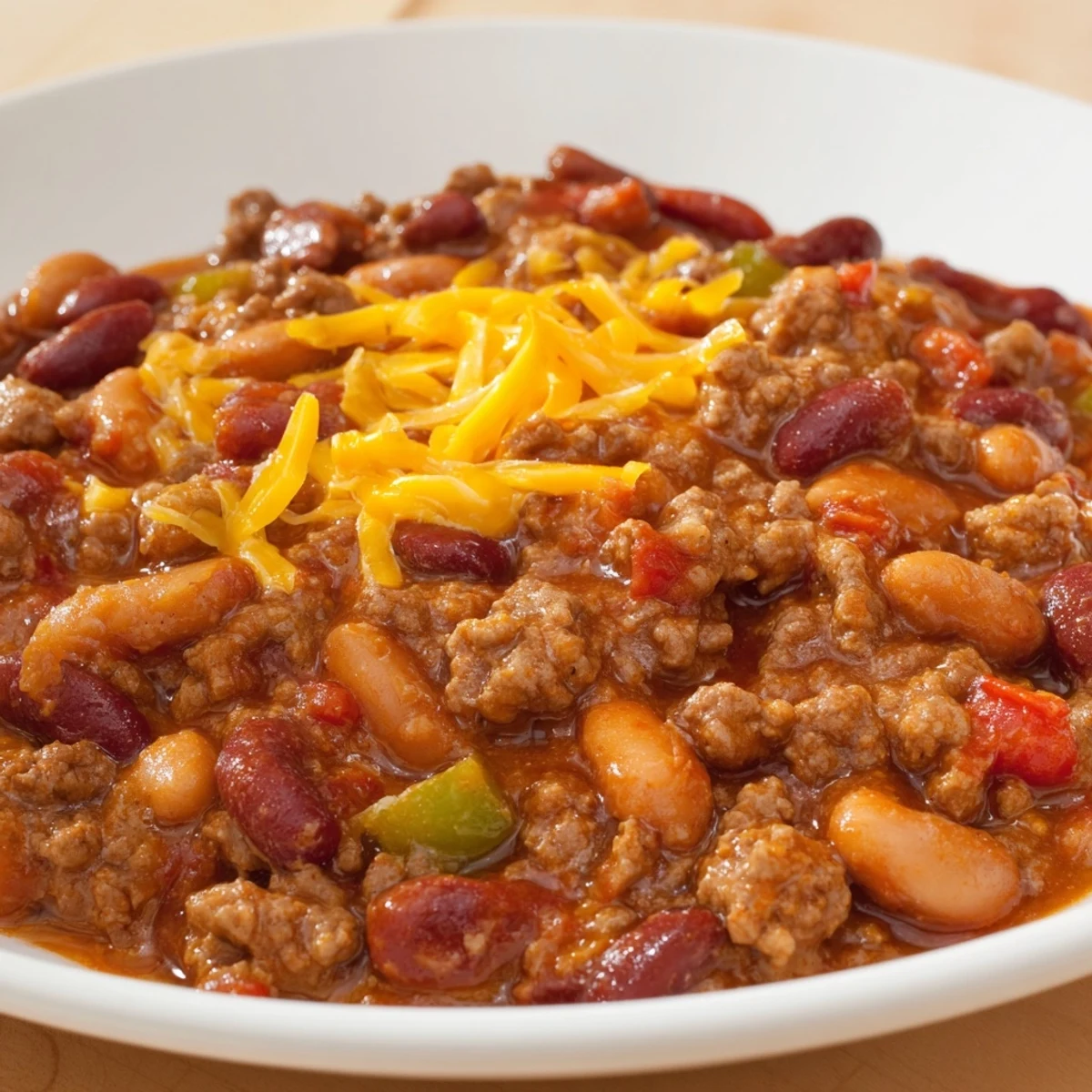 Tailgate Beef Chili with Beans served in a bowl, topped with cheese and sour cream.