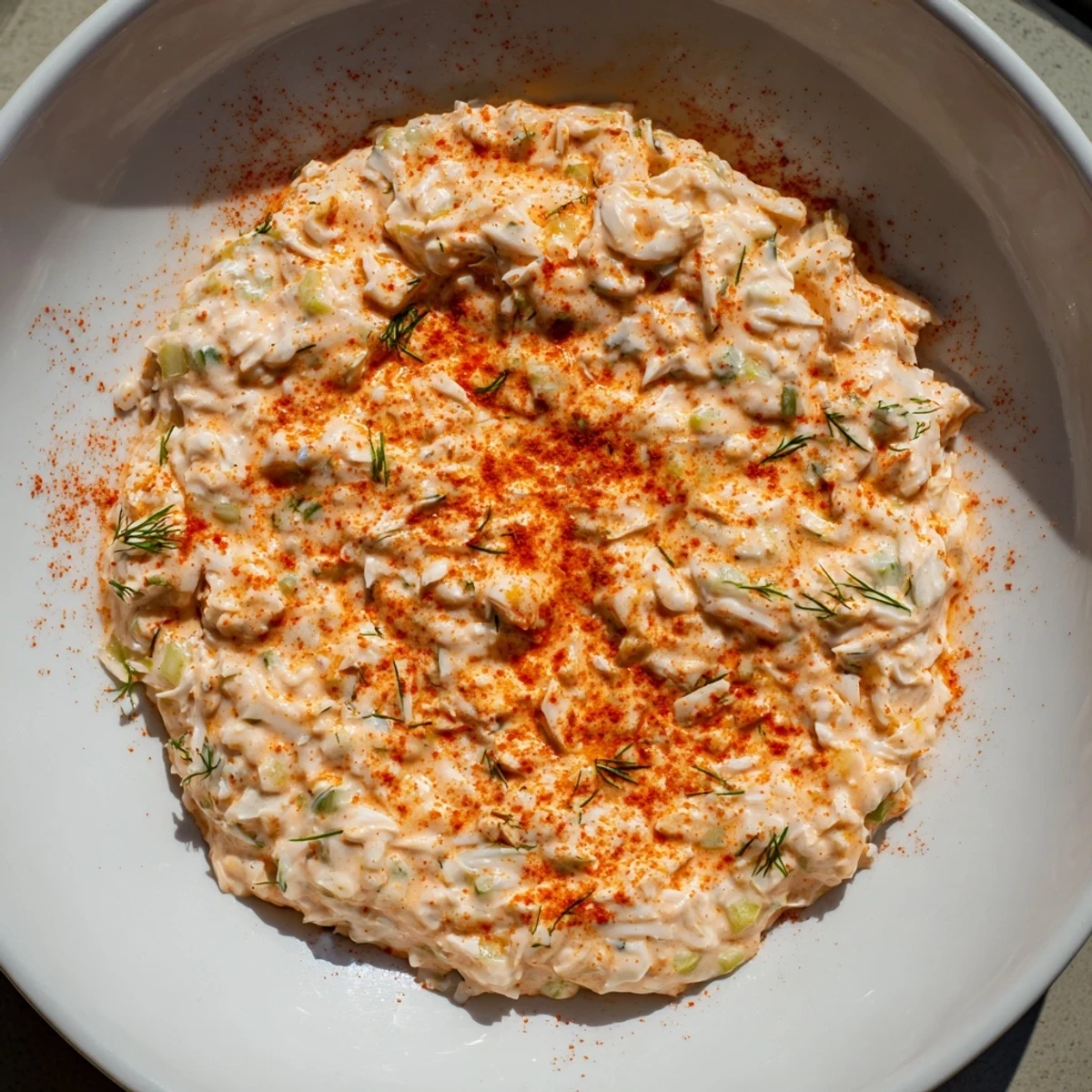 Zesty Cajun Remoulade Sauce with Crab spooned over crispy crab cakes on a white plate.