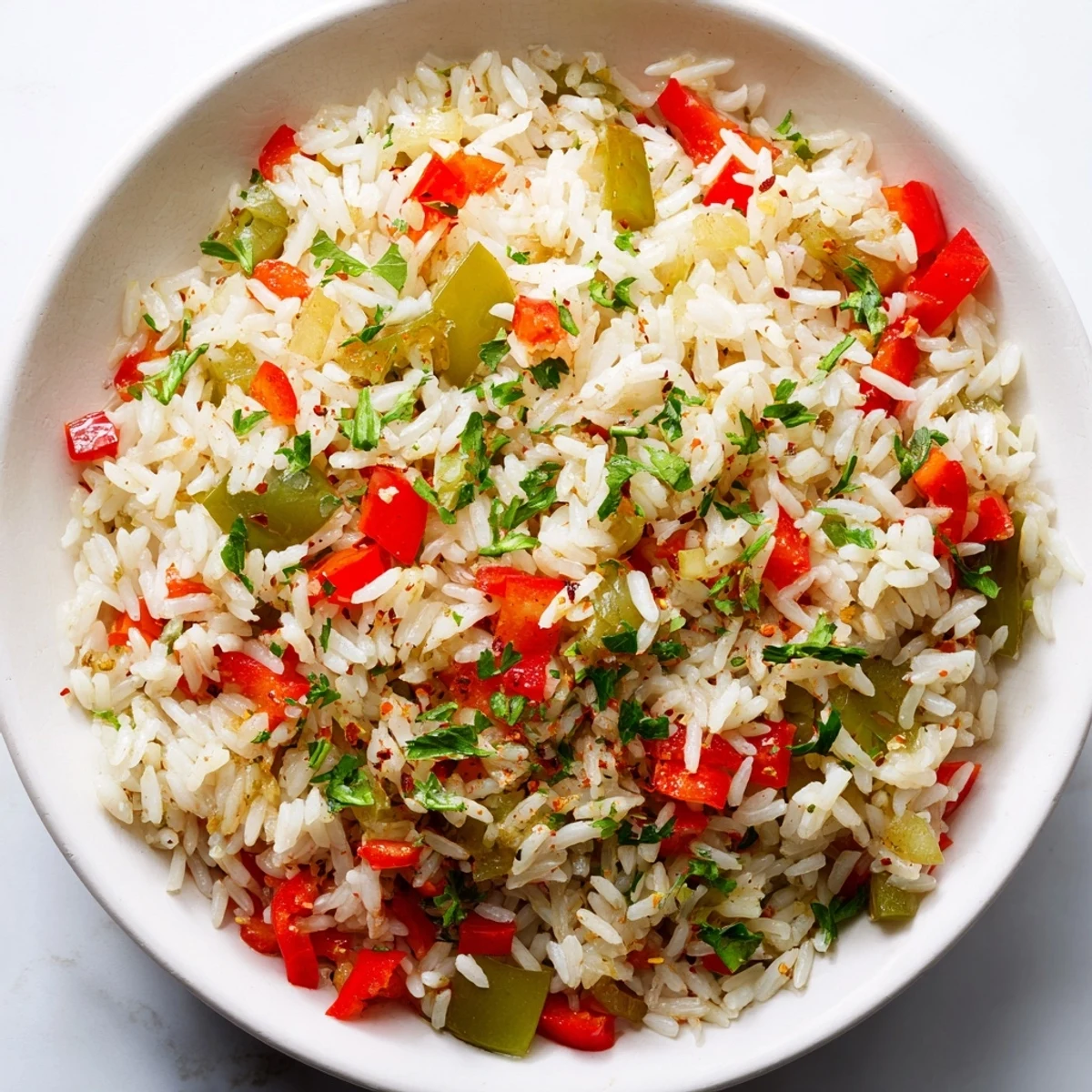 Fluffy Creole Rice Pilaf with Peppers and Onions steaming in a rustic bowl, garnished with fresh parsley and a bay leaf. 