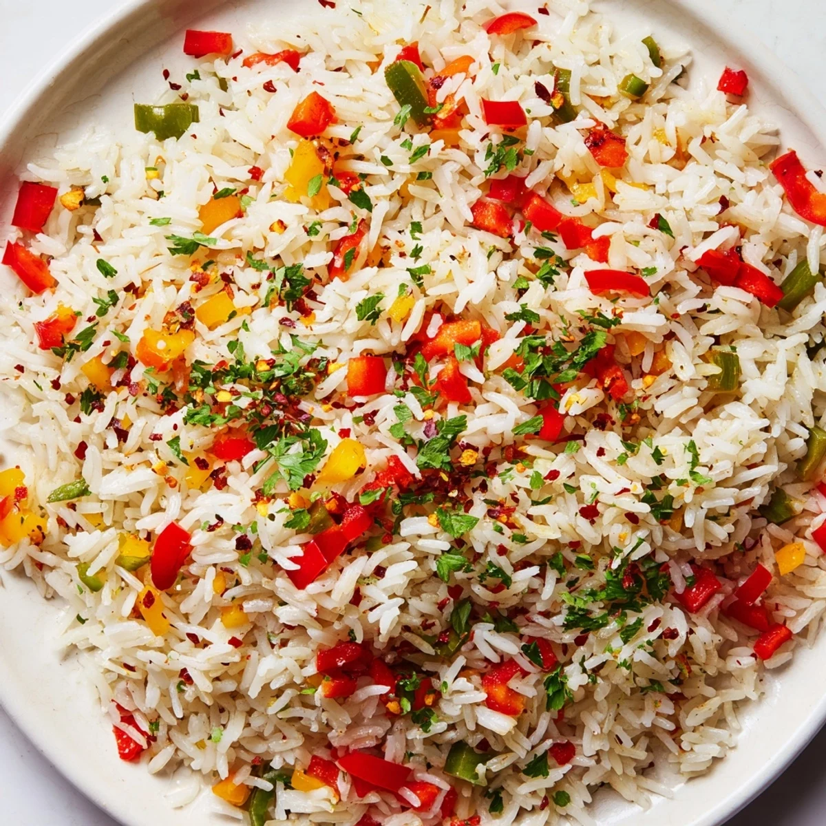 A close-up of colorful Creole Rice Pilaf with Peppers and Onions in a skillet, featuring tender red and green bell peppers. 