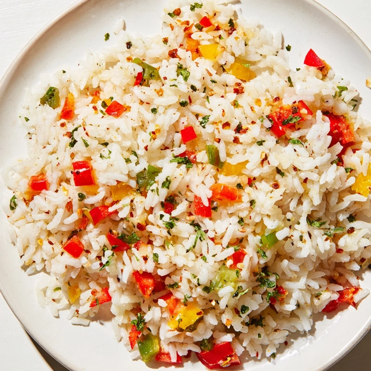 Spoon lifting a savory bite of Creole Rice Pilaf with Peppers and Onions, revealing aromatic spices and fluffy grains.