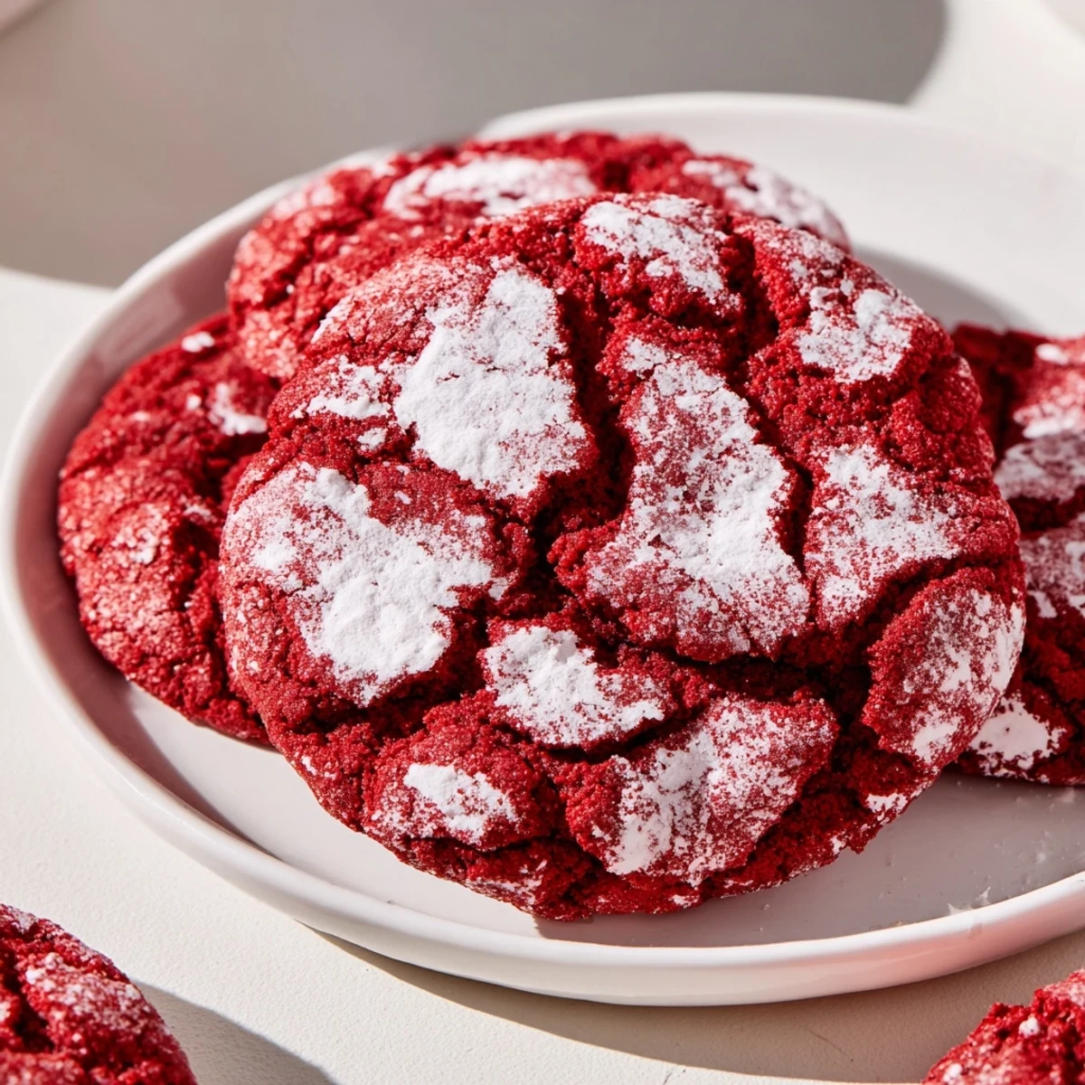 Close-up of Red Velvet Crinkle Cookies highlighting the chewy texture and snowy powdered sugar coating on a rustic table.