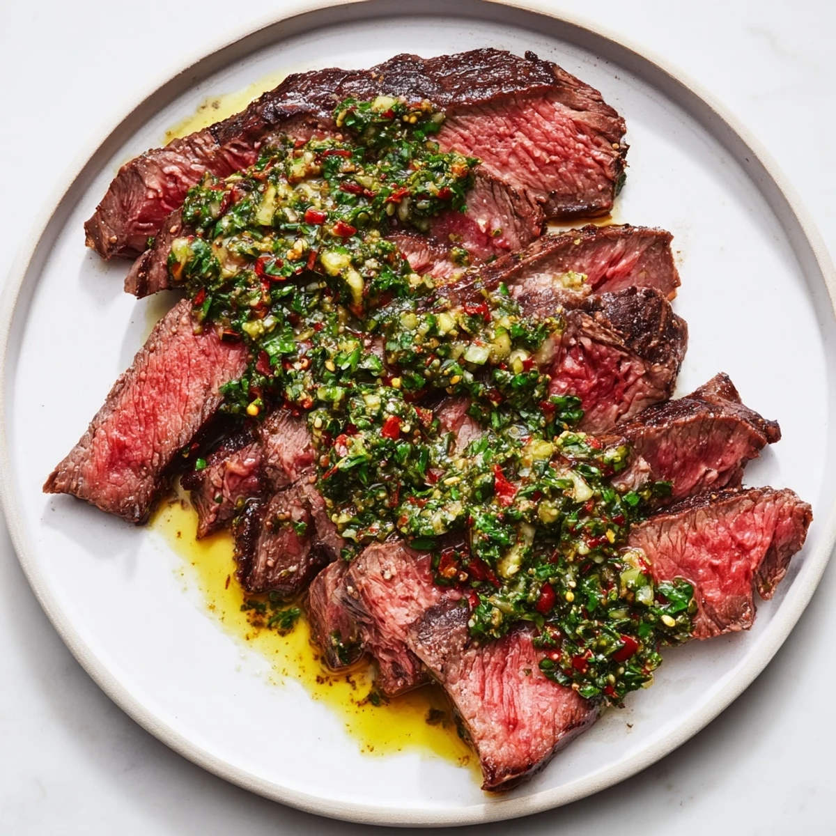 Juicy, medium-rare Date Night Steak with Chimichurri, sliced and resting before its vibrant green sauce.