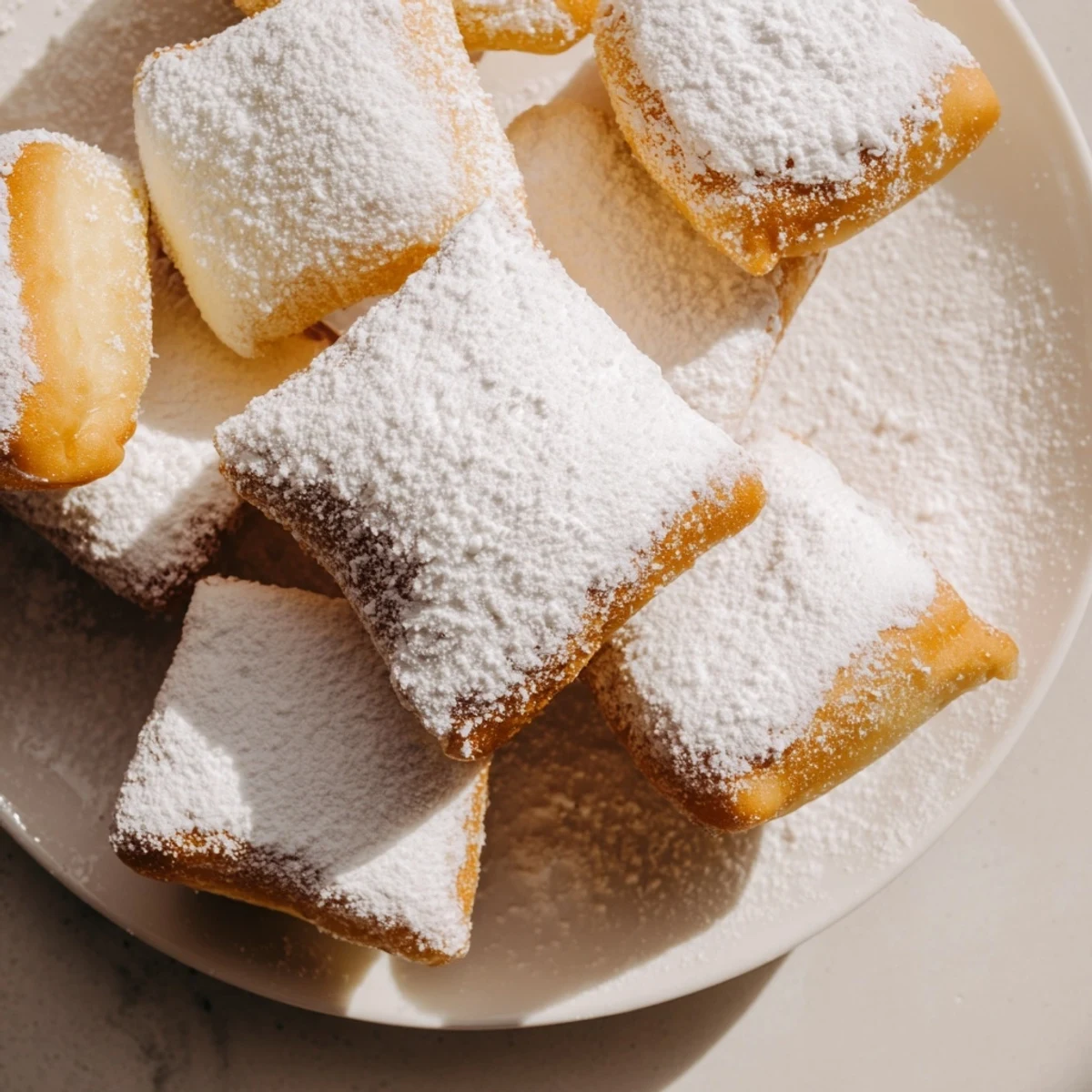 Warm beignets with powdered sugar, served alongside café au lait for an authentic New Orleans experience.