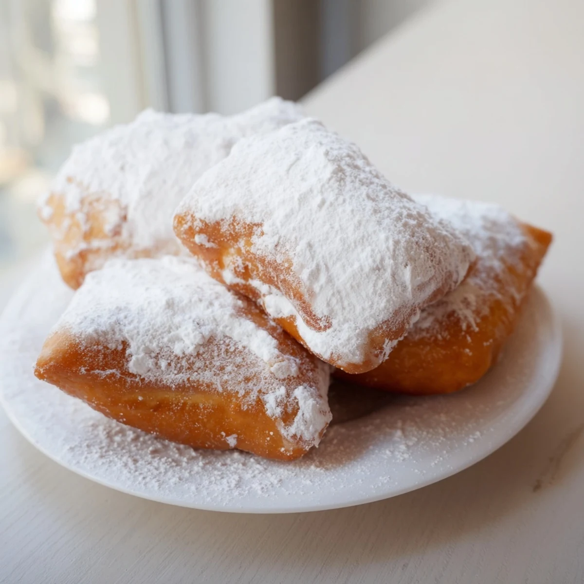 Pillowy fried dough squares feature powdered sugar for a classic New Orleans breakfast or dessert treat.