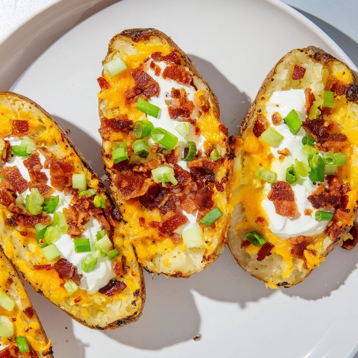 Golden Loaded Potato Skins with Cheddar and Beef Bacon sit on a wooden board, topped with dollops of sour cream and fresh chives.