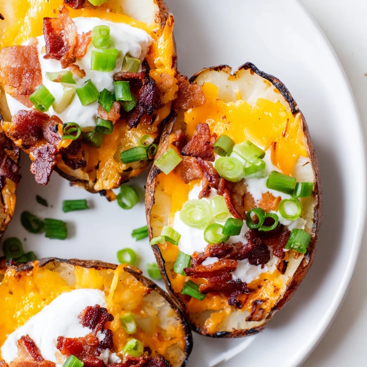 Rustic Loaded Potato Skins with Cheddar and Beef Bacon feature melted cheese, crispy beef bacon, and scallions on a slate serving board.