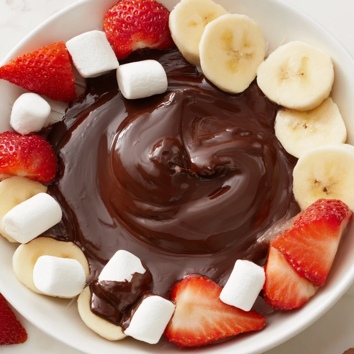 A close-up of Romantic Chocolate Fondue with Marshmallows and Fruit, showing glossy melted chocolate and fluffy marshmallows on a platter.