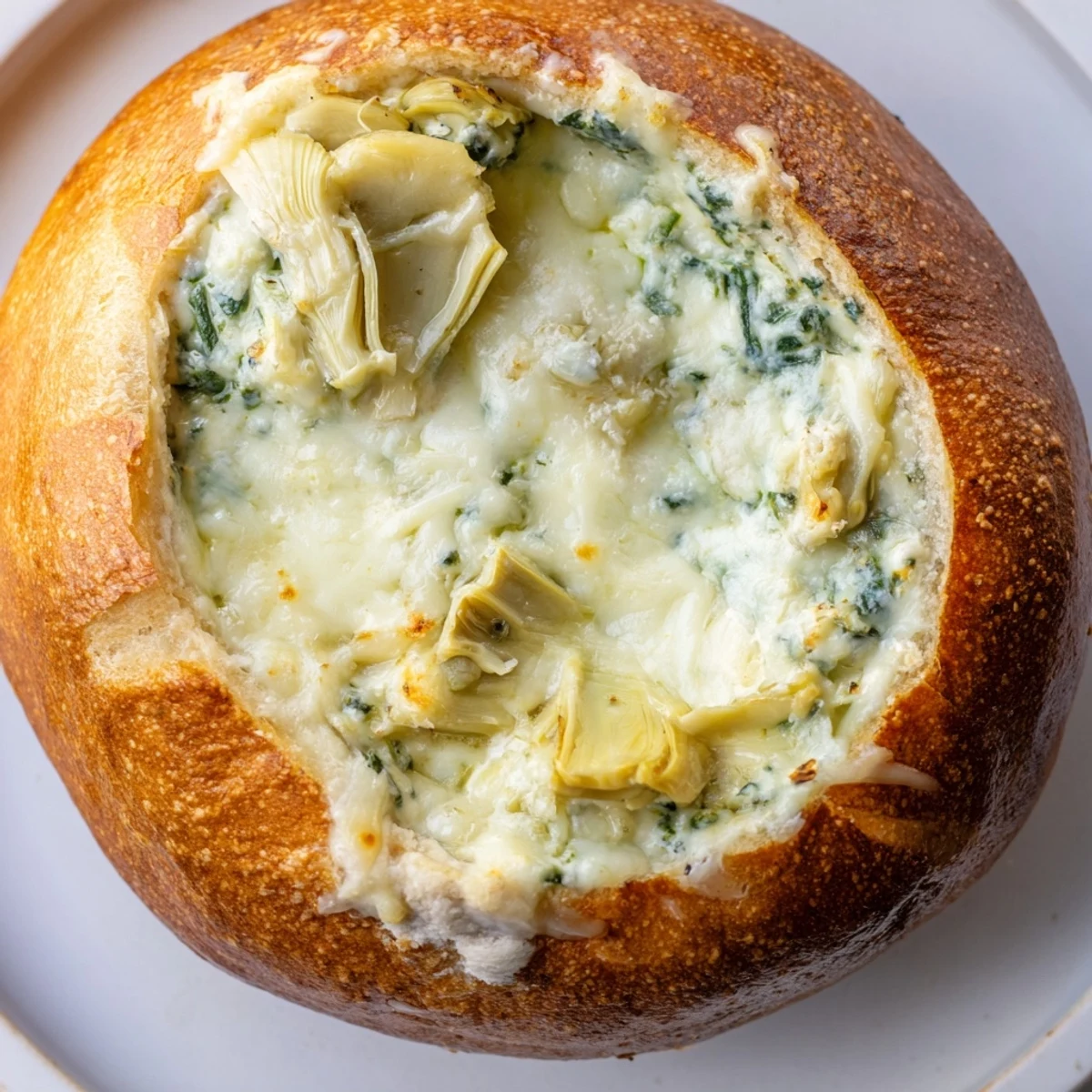 A warm, cheesy Creamy Spinach and Artichoke Dip in a golden bread bowl, garnished with chopped spinach and served on a rustic wooden table.  