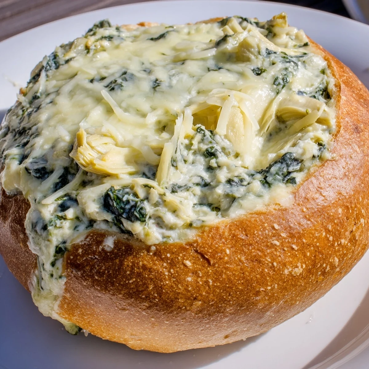 Freshly baked Creamy Spinach and Artichoke Dip inside a crusty bread bowl, steam rising, with a wooden spoon ready to serve a savory bite.