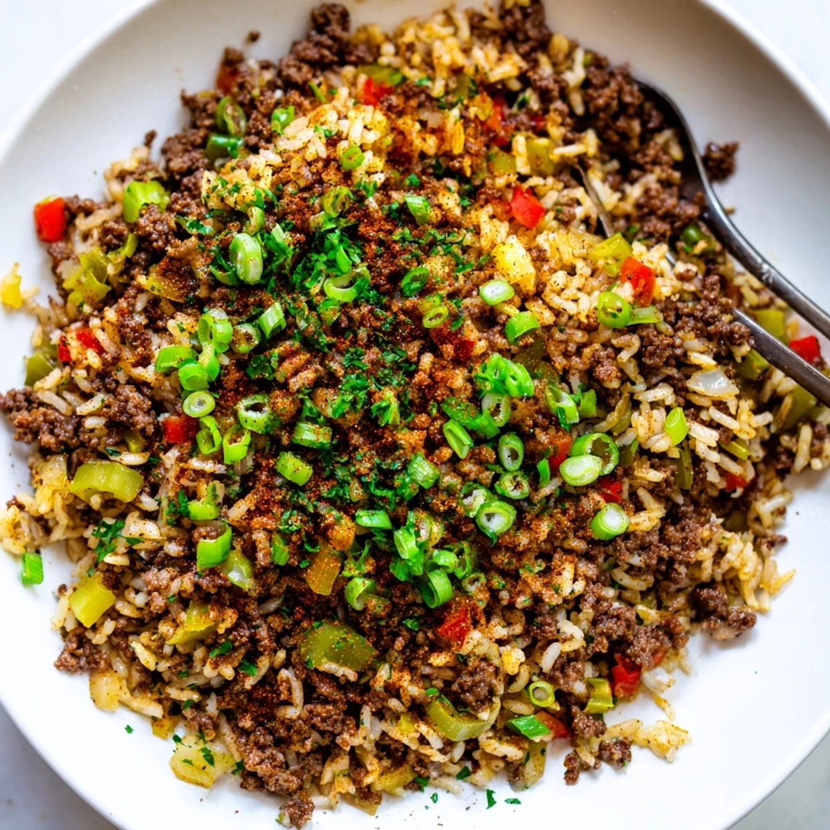 Steaming Cajun Dirty Rice with Ground Beef and Peppers shows specks of red bell pepper and green onions in a rustic skillet.  