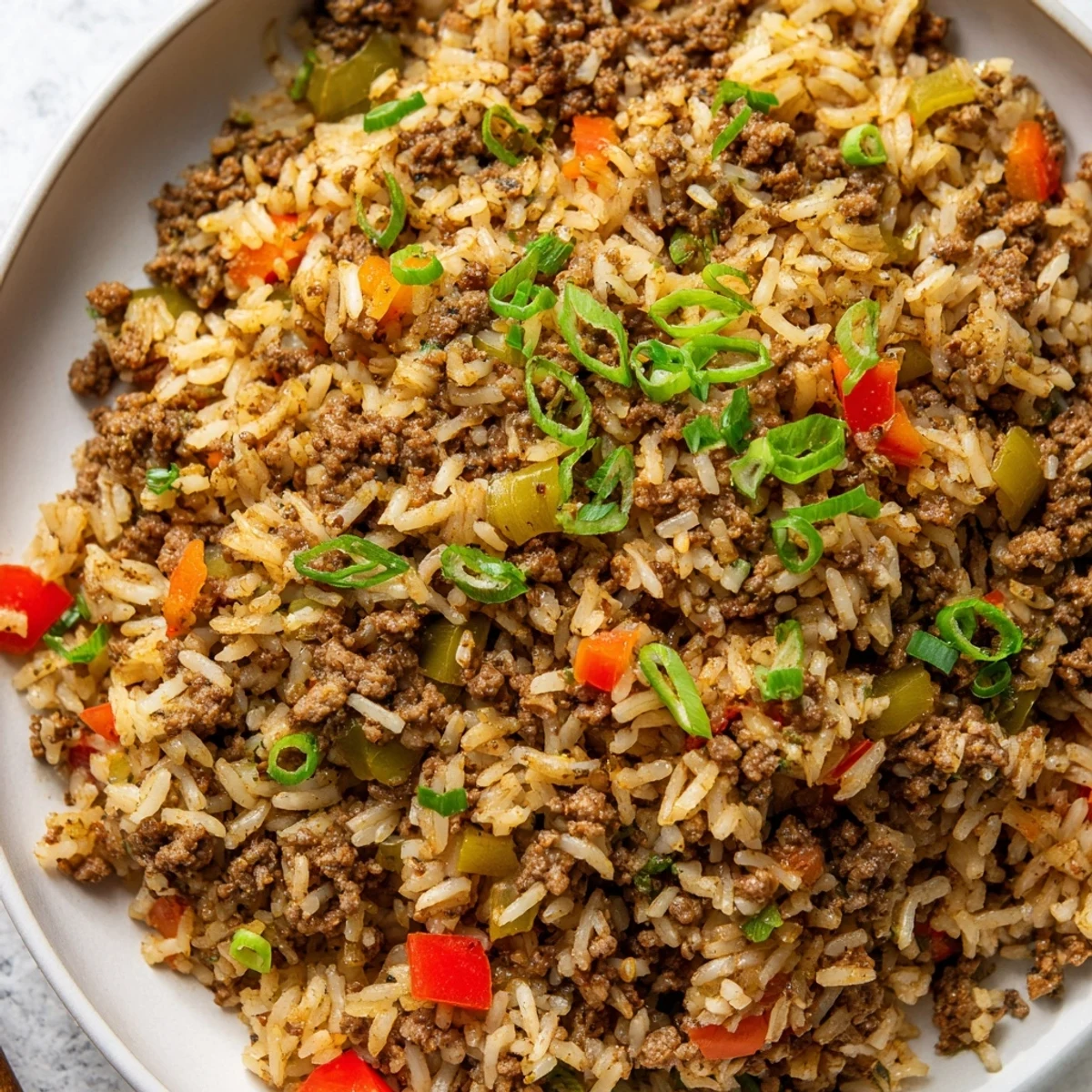 Hearty Cajun Dirty Rice with Ground Beef and Peppers plated in a white bowl, steam rising from the fluffy, spice-speckled grains.