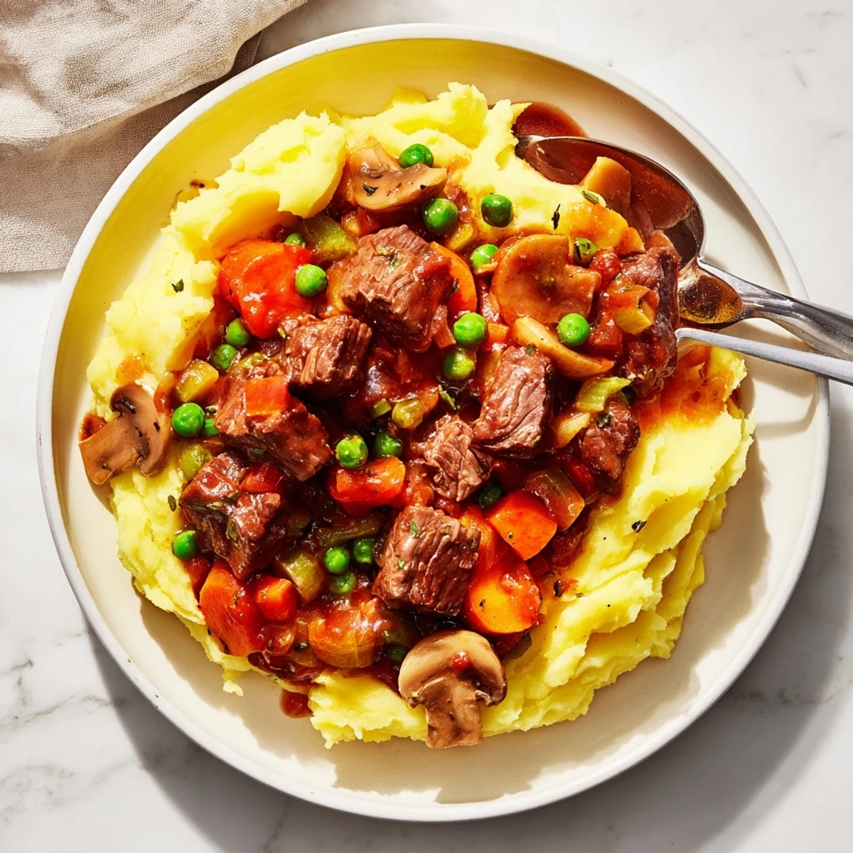 Golden, buttery mashed potatoes blanket a rich filling of tender braised lamb, peas, and carrots in this classic Shepherd's Pie.  