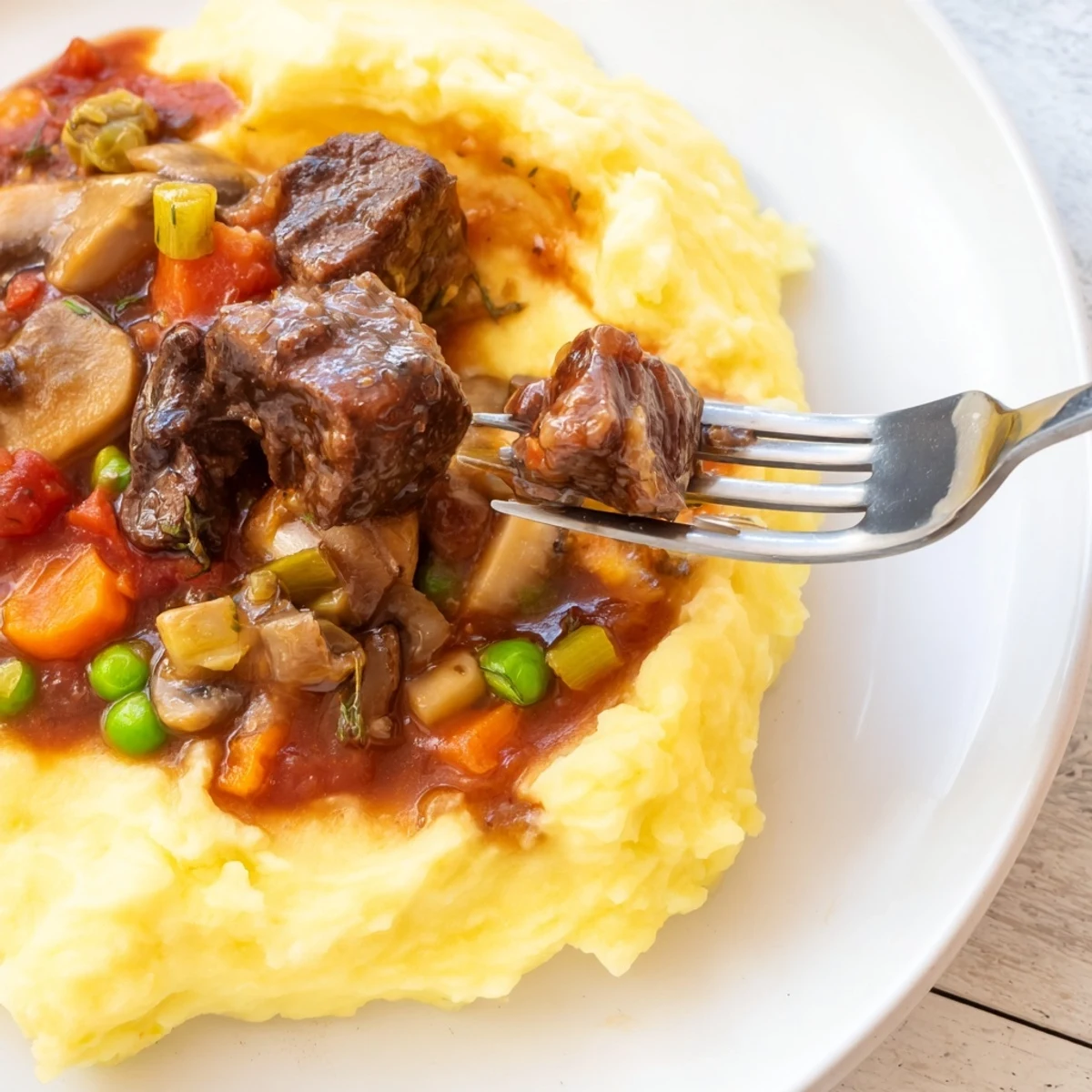 A rustic casserole with savory lamb, hearty vegetables, and a cheesy, golden-brown potato topping, ready to serve.  