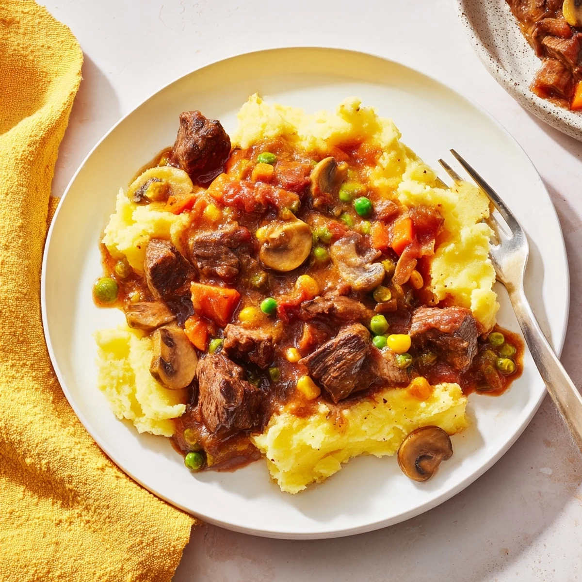 Rustic Shepherd's Pie featuring braised lamb, earthy mushrooms, and a creamy Parmesan mashed potato crust in a baking dish.