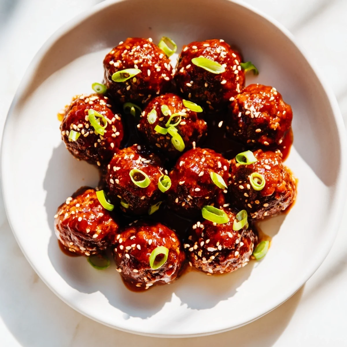 Glazed Spicy Sriracha Beef Meatballs with Sesame Seeds are arranged on a white platter, glistening with a sweet and tangy sauce and a sprinkle of toasted seeds. 