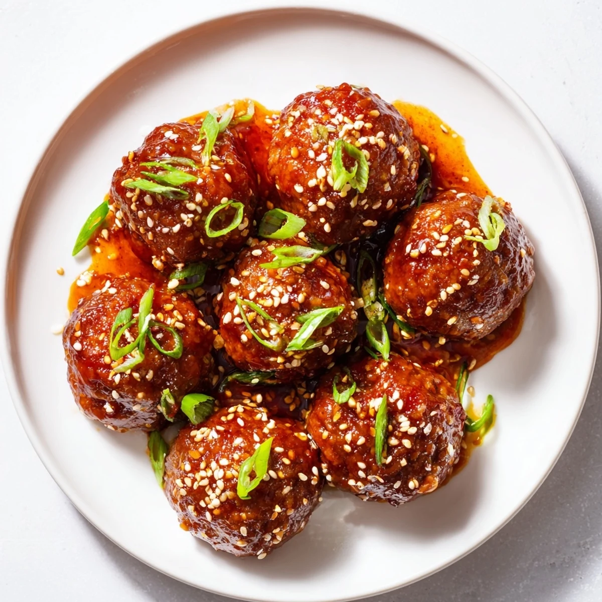 Fork-tender Spicy Sriracha Beef Meatballs with Sesame Seeds are piled high, garnished with fresh green onions and ready to be served over steamed rice.