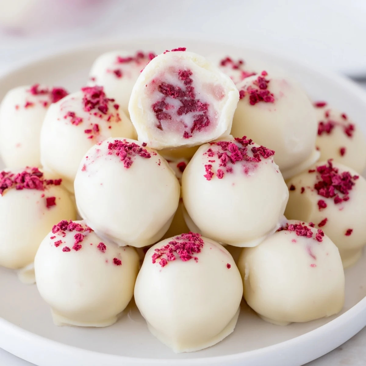 A close-up of glossy White Chocolate Raspberry Truffles on a parchment-lined tray, showcasing smooth white chocolate shells and a dusting of crushed freeze-dried raspberries.