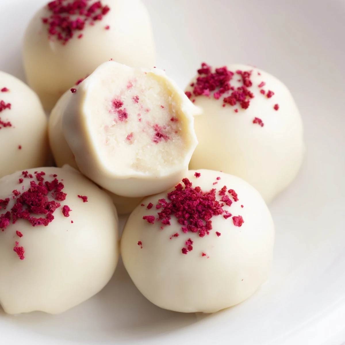 A festive platter of homemade White Chocolate Raspberry Truffles, garnished with raspberry powder and mint leaves, ready for gifting or special occasions.