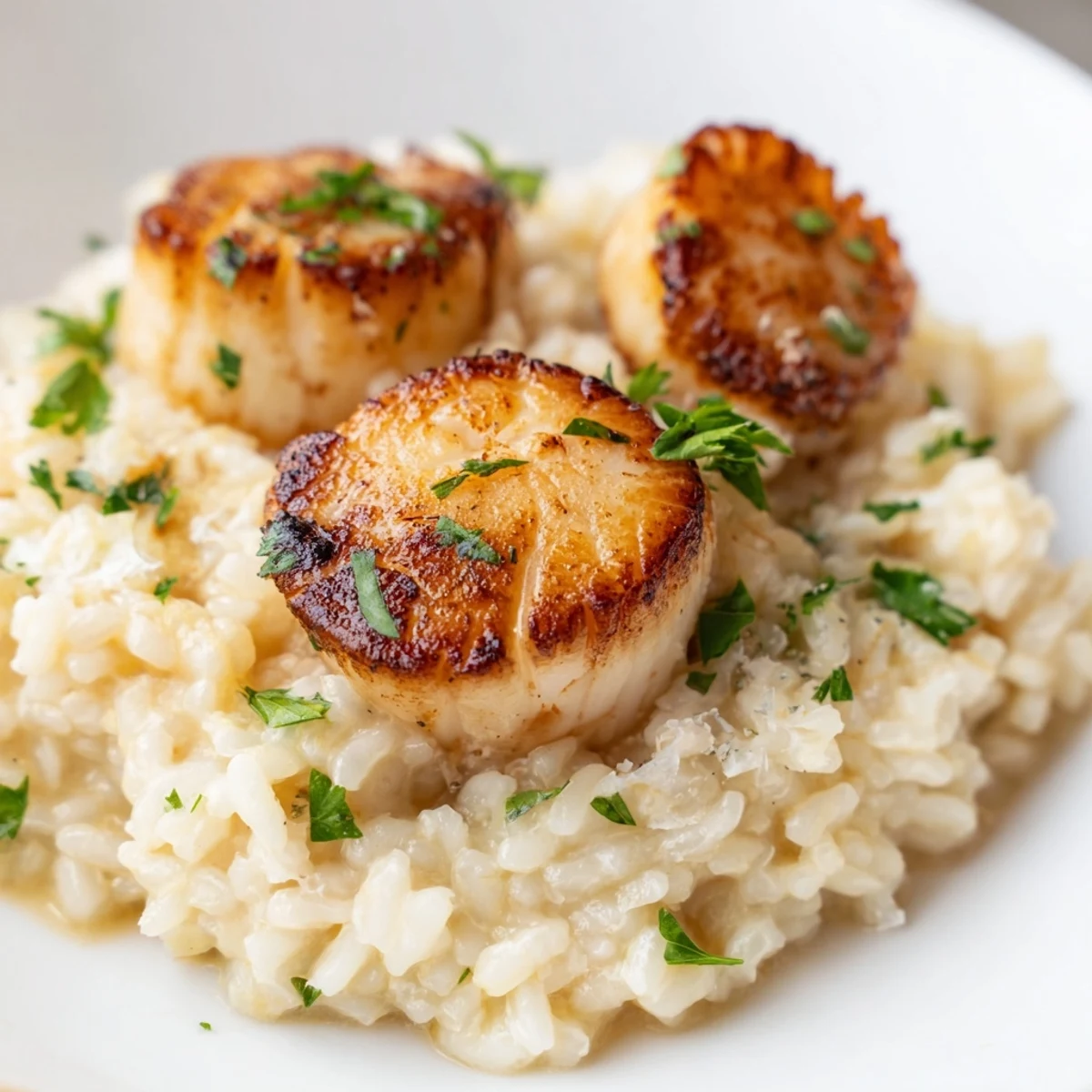 Golden-brown Pan Seared Scallops resting on creamy lemon butter risotto, garnished with fresh chives.
