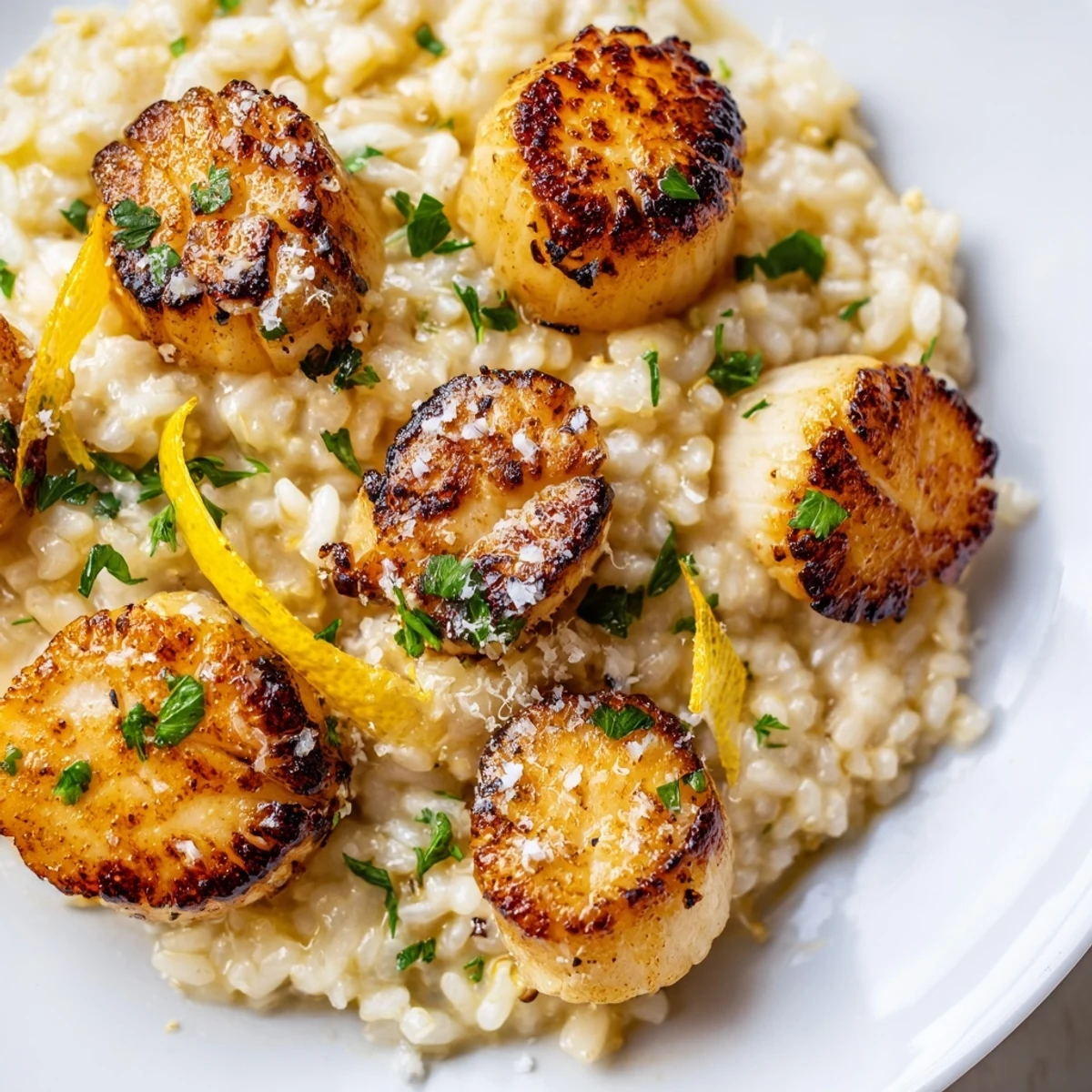 A close-up of perfectly seared scallops atop zesty lemon butter risotto, ideal for a dinner party.