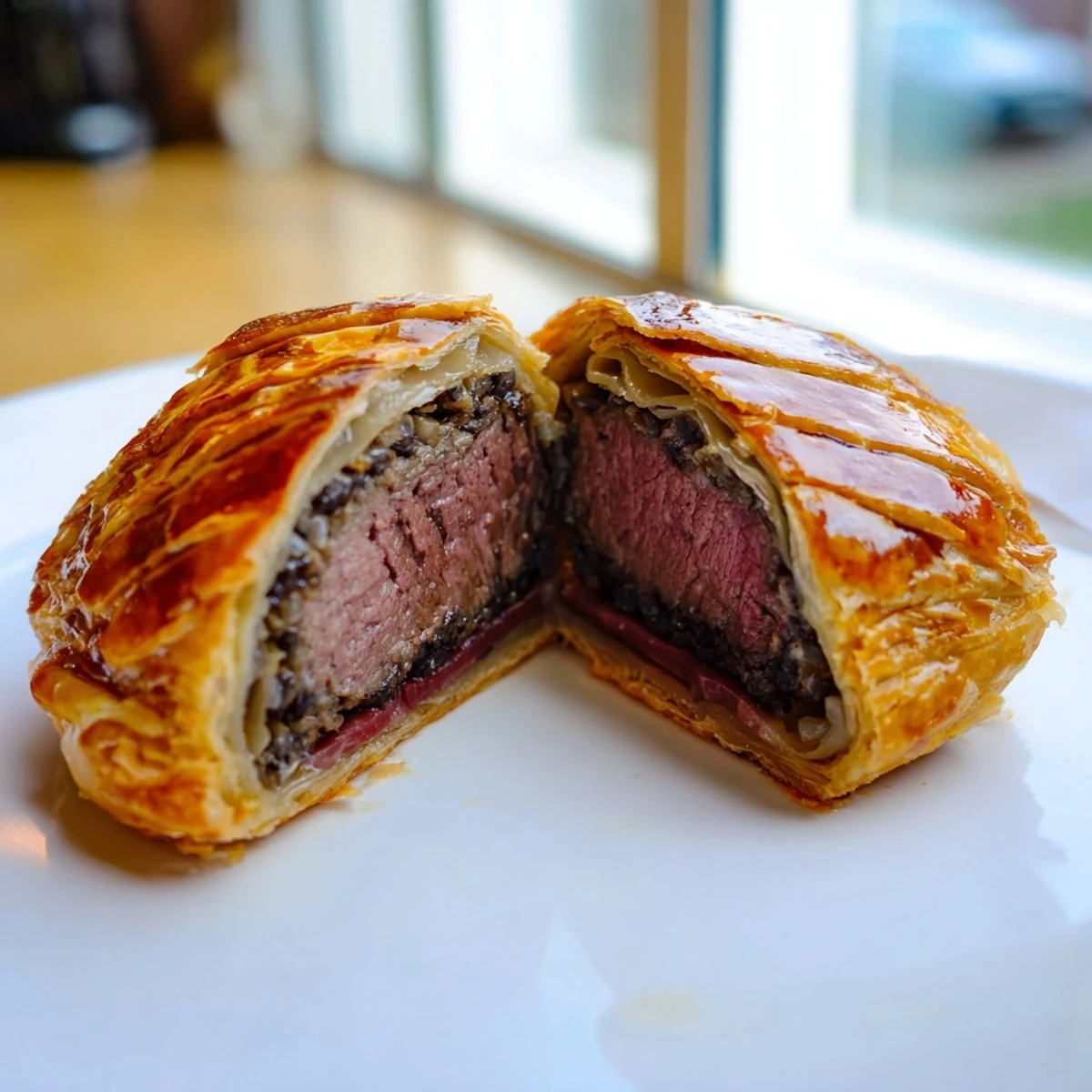 Golden-brown mini beef Wellingtons with flaky puff pastry and a rich, dark mushroom paste filling, arranged on a rustic wooden board.